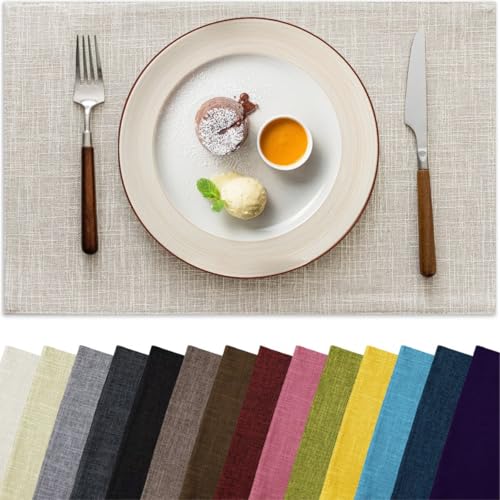 Placemats Set of 6, Bilayer Thickened Linen Place Mats Heat Resistant Machine Washable Wrinkle Free Carefully Selected Polyester Mats for Kitchen/Dining/Coffee Table (Cream Beige)