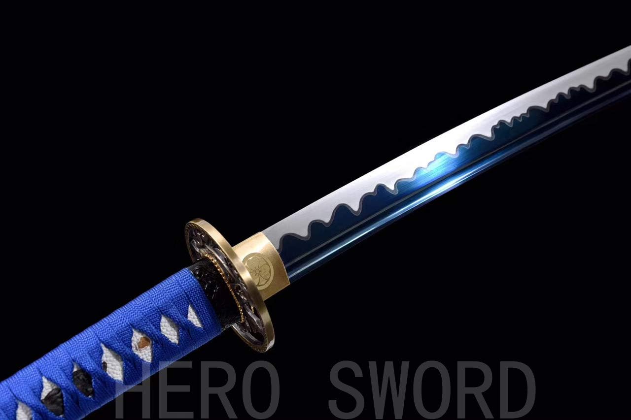 Handmade Razor Sharp Japanese Samurai Sword Real Combat Ready Katana,Damascus Folded Steel,T1095 High Carbon Steel Full Tang Blade (Blue Blade Flowers Tsuba Katana)