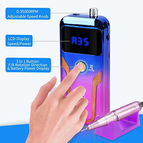 Portable Nail Drill Professional 35000 RPM, MOCOWIND Rechargeable Electric Nail File Machine E File for Acrylic Gel Polishing Removing, Cordless E-File with Bits Kit for Manicure Salon Home, Purple - image 7