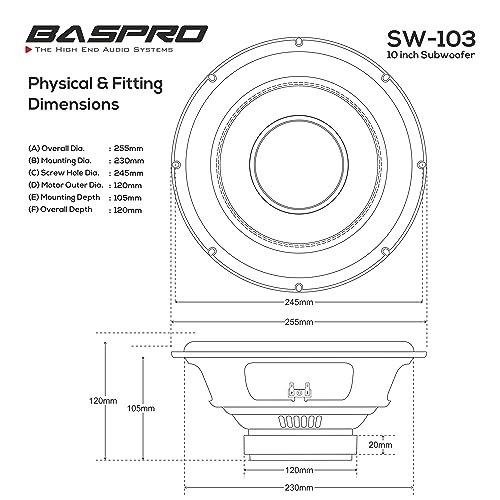 Image of BASPRO SW-103 (Orange) Premium Subwoofer 10 inch Full Pressed Coloued Coated with Stiched Foam Edge 160W RMS / 1300W Peak Power with 4 ohm