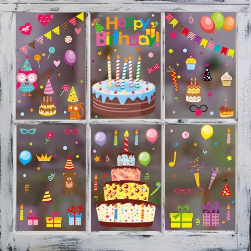 HHOCN Happy Birthday Window Clings Happy Birthday Stickers Birthday Cake Window Decorations Happy Birthday Static Stickers for Glass Windows Décor