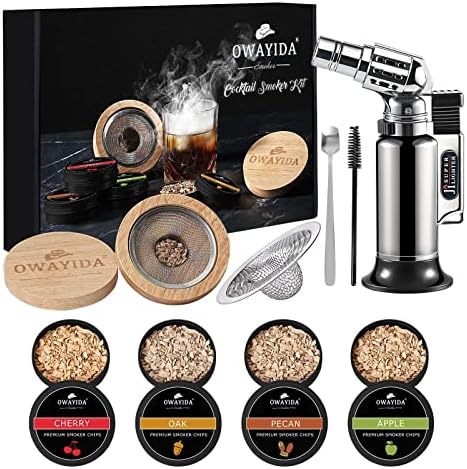 OWAYIDA Cocktail Smoker Kit with Torch, Whiskey Smoker Kit, Old Fashioned Cocktail Kit, 4 Flavors Wood Chips, Bourbon Whiskey Great Gifts for Father, Men, Dad and Husband (Without Butane)