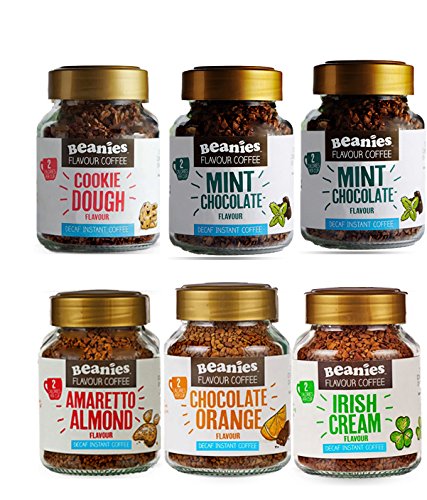 6 Jars Of Decaf Flavoured Instant Coffee - Beanies- Chocolate Orange, Chocolate Mint, Cookie Dough, Amaretto, Irish Cream #TOP28