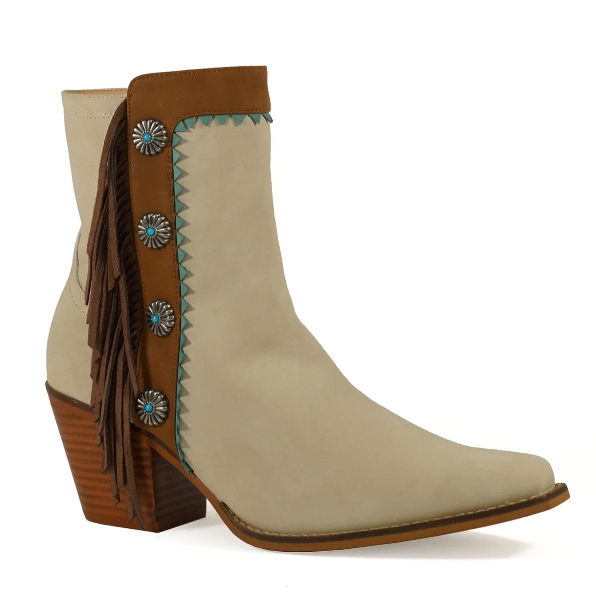 ARiIDER GIRL Gizelle Women's Mid Calf Fringe Booties Snip Toe Stacked Heel Buckle Studded Western Boots…