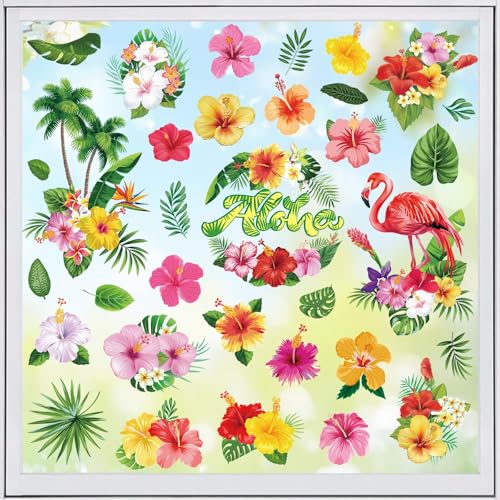 9 Feuilles Autocollants De Fenêtre D'Été, 72 Design Autocollant De Plage D'Été, Deco Vitre Été Contient Feuilles Palmier, Des Fleurs D'Hibiscus, Des...