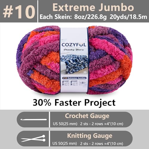 Image of Cozyful Chunky Yarn for Hand Knitting - #10 Chunky Chenille Blanket Yarn, Jumbo Big Thick Chunky Yarns for Crocheting, Tie Dye Bulky Knit Yarns, 8 Skein (20 yds 8 oz Each Skein), Orange&Rose&Purple