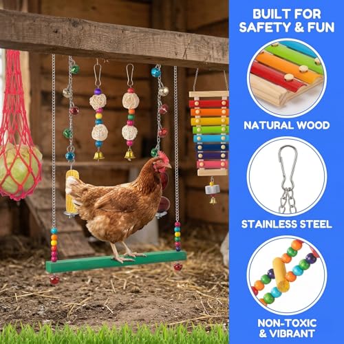 Image of Complete Chicken Toys Set of 9 - All-in-One Chicken Coop Accessories with Xylophone, Swing, Chicken Mirror, Ladder, Vegetable String Bag & Hanging Feeder Coop Toy for Happy Hens