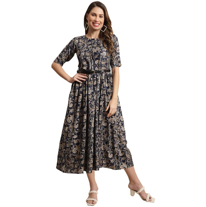 Preneum Women's Georgette Floral Printed 3/4 Slevees A-Line Fit & Flare Gown With Beltindo-Western Ethnic Gown || A-Line Maxi Dress Casual Wear || Fit & Flare Flared Hem Design, Navy Blue, S