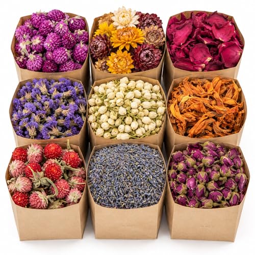 Image of Sukh Dried Herbs Kit - Dried Botanicals Bulk,9 Bags Natural Dry Flowers and Herbs for Soap,Candle,Perfume,Bath Bombs,Resin Jewelry Making Supplies,Fragrance Sachet DIY and Witchcraft