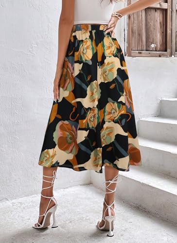 POPZONE Women's Elastic High Waist Midi Skirts 2025 Floral Print Casual Flowy Pleated Summer A-line Skirt4