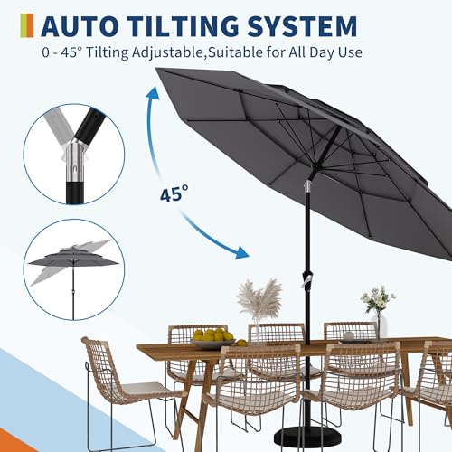 9Ft 3 Tiers Market Umbrella Outdoor, 3 Tiers Heavy Duty Patio Umbrella 8 Ribs, Outdoor Market Table Umbrellas with Ventilation and Hand Crank