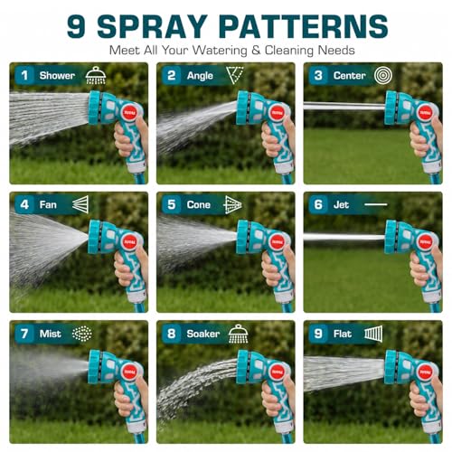 Image of TOTAL 9 Pattern Water Spray Gun Nozzle for Garden Hose with 3 /4 Inch Connector, Heavy Duty Zinc Alloy Water Gun with Rubber Grip & U-Shaped Lock for Car Wash, Gardening & Cleaning