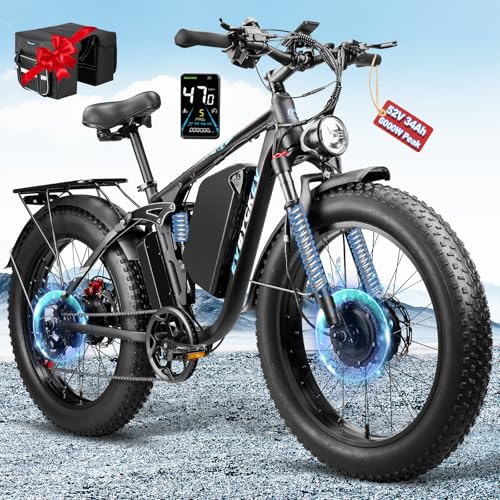 6000W Peak Dual Motor Electric Bike, 52V 34Ah Ebike for Adults, 42-47MPH Fast Ebike,Up to 105Miles 24'x4.0 Fat Tire Full Suspension Mountain Hunting E Bicycle for Sand Snow Beach Commuter Off-road