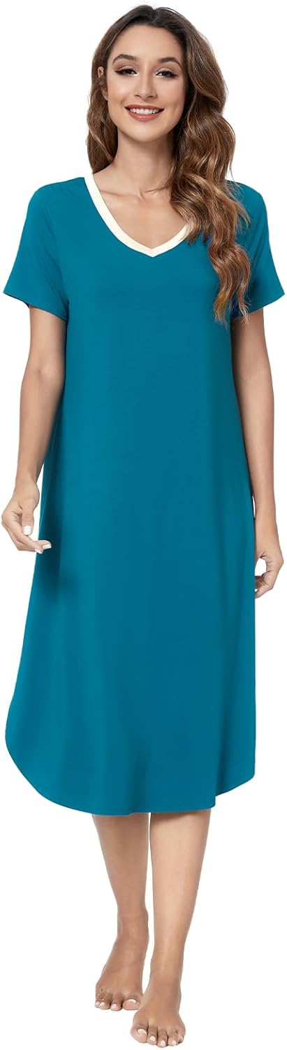 QUALFORT Womens Nightgowns Short Sleeve Nightgown V Neck Loungewear Side Slit Soft Nighdress - Image 5