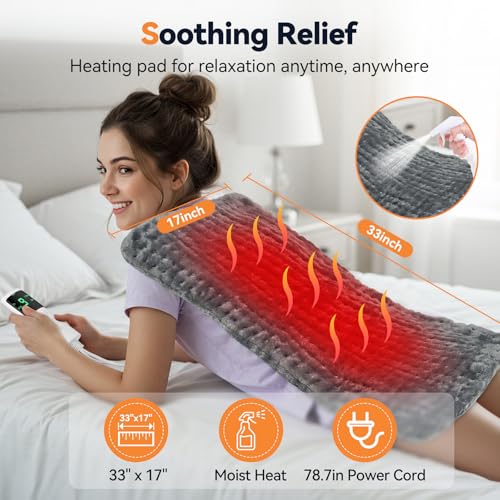 Image of Heating Pad for Back Pain, 17 inchx33 inch Electric Heat Pad with 9 Heat Levels & 4 Auto-Off Timers, Portable Heating Pad for Period Cramps, Shoulder, Neck, Machine Washable, Gifts for Women Men, Grey