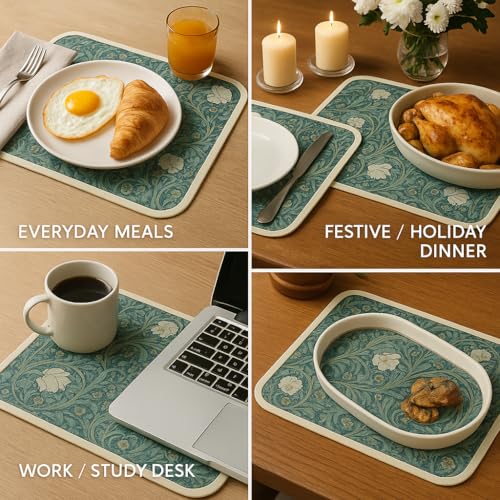 Image of Premium Faux Leather Placemats Ornate Teal | Floral Pattern | Waterproof, Heat Resistant, Washable Dining Table Mats (Pack of 2)