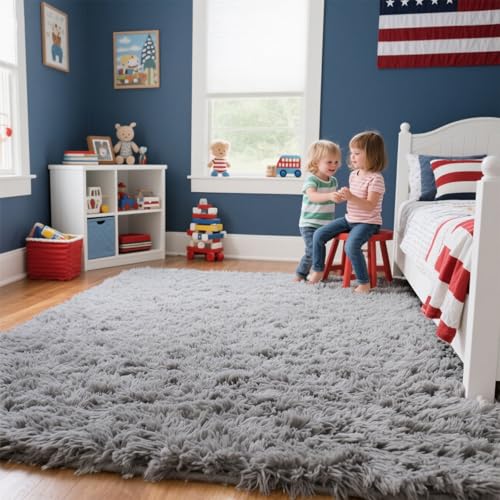 Area Rugs for Bedroom Living Room, 4x6 Soft Large Fluffy Fuzzy Shag Plush Furry Carpet, Soft Indoor Floor Mat for Kids Nursery Home Dorm Office Decor Aesthetic, Light Grey