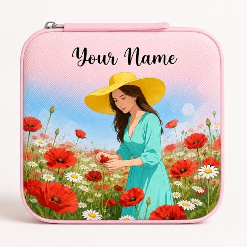 Image of PRIMIT Personalized Jewelry Box with Name & Birth Flower - Custom Travel Jewelry Organizer Case - Bridesmaid, Birthday, Christmas Gift for Women & Girls (PoppyBelle)