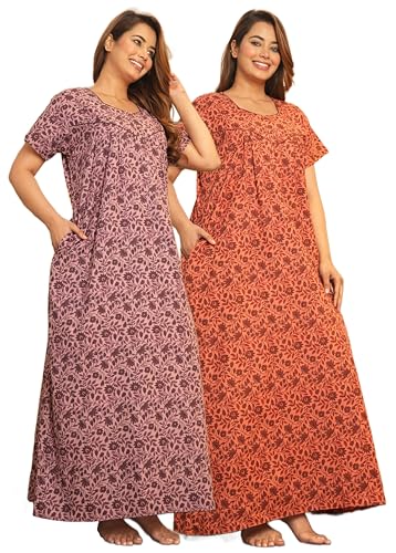 Image of G4Girl Women's Regular Nighty Rajasthani Nighty Rajasthani Gown Jaipuri Nighty Jaipuri Gown Maxi Gown with Pocket - (Combo)