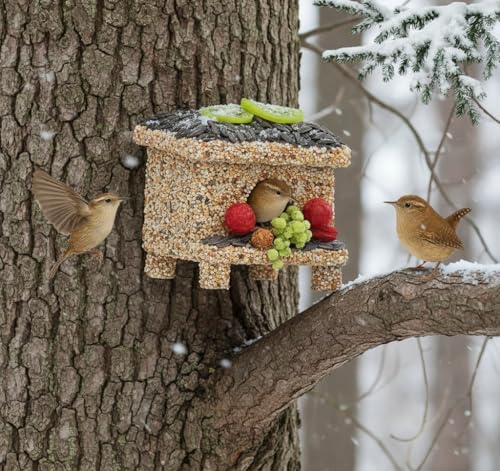 CEDAR ALPHA Seeded Birdhouse for Outside with Fruit Wooden Bird House for Wren Finch Bluebird Cardinal Hanging Seeded Birdfeeder Bird Seeds Decorated Weather Proof More Fun Birding (Villa)