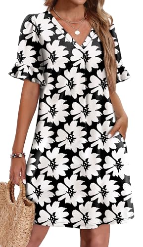 Image of OFEEFAN Summer Dresses for Women Ruffle Short Sleeve V Neck Casual Shift Dress with Pockets