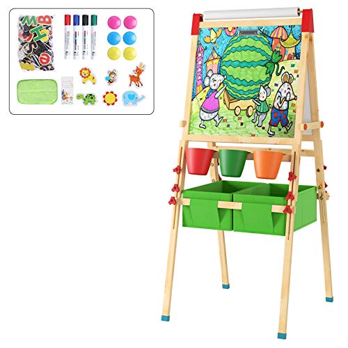 Homfa Pizarra Infantil Madera Caballete Niño Pizarra Magnética Doble Tablero de Dibujo Altura Ajustable con Rollo de Papel 2 Cajas de Almacenaje 3 Cubos de Juguete 44x(55-55.5) x(115.5-138.5) cm