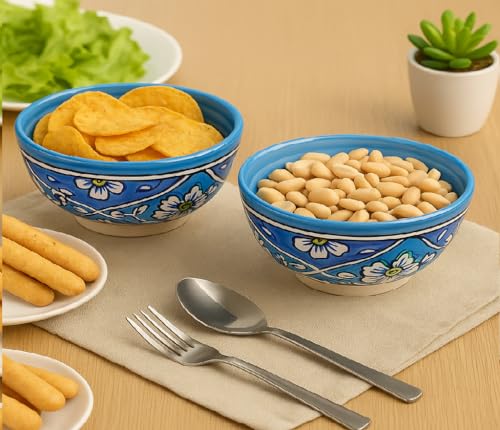 Image of KITTENS Handcrafted Blue Ceramic Snack Bowl Set of 2 - Handpainted Floral Art | Microwave & Dishwasher Safe | 500ml | Ideal for Pasta, Maggi, Cereal, Salad & Daily Use - Made in India