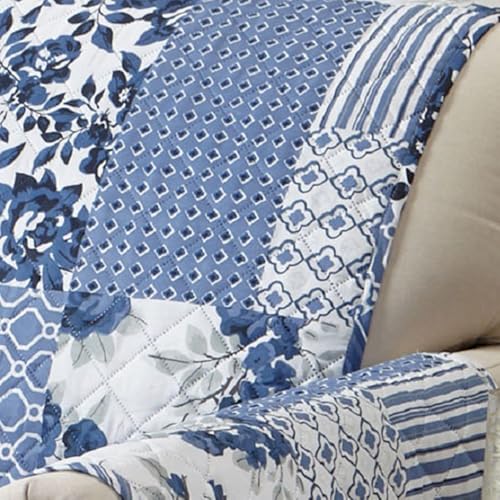 Image of Great Bay Home Reversible Patchwork Sofa Cover - Washable Slipcover Furniture Protector with Elastic Straps - Perfect for Kids & Pets - Box-Stitched Detail (Navy)