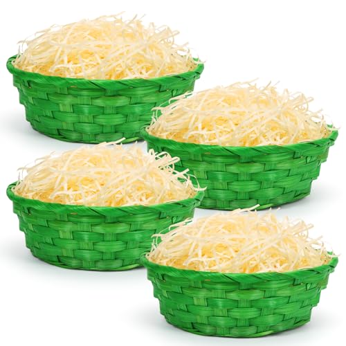 Epokus Cestas de Pascua con Hierba Decorativa, 4 Piezas Cesta de Pascua para Llenar Verde,100g Hierba de Pascua Marrón Natural, Cestas de Mimbre de Pascua para Niños Decoración de Huevos de Pascua