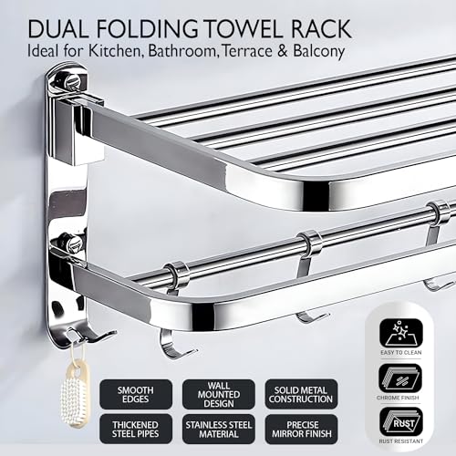 Image of Zureni Towel Rack for Bathroom 2 Tier 304 Grade Stainless Steel Multipurpose Wall Mounted Hanger Shelf with Hooks Accessories and Fittings Home Washroom Kitchen (Pack of 1, 1024)