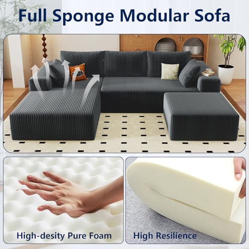 Image of 96 inch Modular Sectional Sofa with Ottoman, Modern Corduroy Cloud Couch with Deep Seat, Boneless Couch Upholstered 3-Seater U-Shaped Sofa for Living Room, No Assembly (Grey, Left-Facing Chaise)