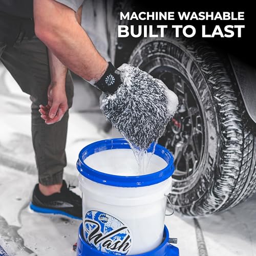 The Rag Company - Cyclone Ultra Wash Mitts - 70/30 'Gauntlet' Blend Korean Microfiber, Foam Padding, Scratch-Free, Lint-Free, Great for Rinseless Washing, 8in x 9in, Blue + Black (2-Pack)