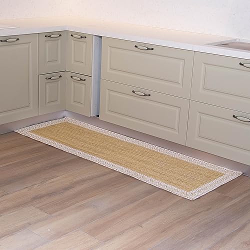 Image of voyzz home 2.6 x 6-feet Rectangular, Premium Natural Jute Braided Runner Area Rug, White Printed Border, Natural Handmade Rug for Entryways, Kitchen, Living Room, Bedroom, Farmhouse, Vintage Decor