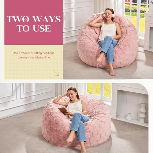 Image of Hobestluk Adults Bean Bag Chair 4FT Big BeanBag Chair Extra Large Oversized | Memory Foam,Washable Cover,Unique Fluffy Plaid,Comfy Big Bean Bag with Filler Lounging Reading Bedroom Living Room | Pink 4FT