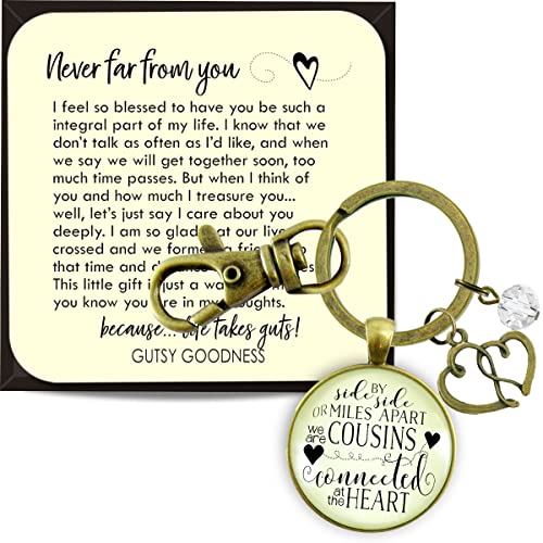 Gutsy Goodness PRKEYW005478 Cousin Keychain Side By Side Long Distance Boho Style Bronze Jewelry For Women Key Ring - Handmade Glass Family Pendant, Double Heart Charm, Gift Package Meaningful Friends Message Card & Box cover