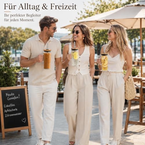 ALINK Glasbecher mit Henkel 2er Set, 24 oz / 710 ml Trinkgläser mit Bambusdeckel, 12 mm Edelstahl Strohhalm & Bürste, für Eiskaffee… – Ansicht 5