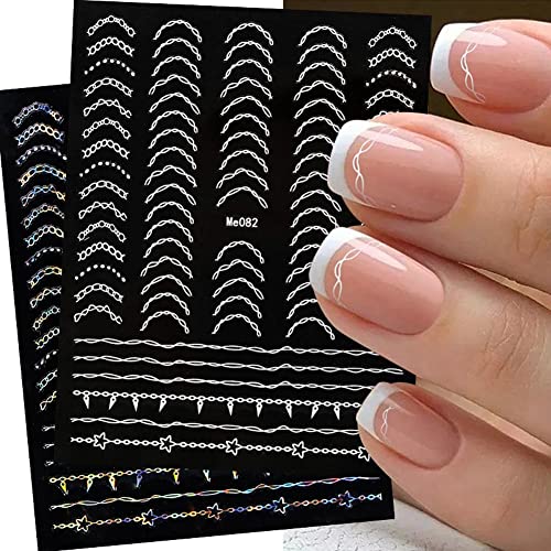 8 Sheets French Nail Stickers For Nail Art, 3D Self-Adhesive Nail Decals Gold Nail Art Supplies Bronzing Silver Stripe Curve Lines Nail Design Manicure French Tip Nail Sticker Diy Nail Art Decorations #TOP4