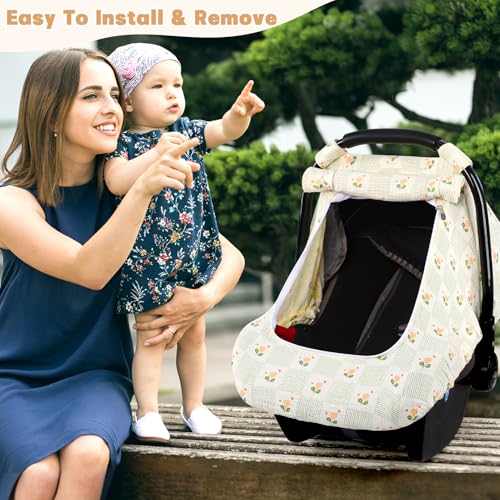 Image of Car Seat Cover Baby, HNHUAMING Muslin Cotton Carseat Covers for Babies Girls Boys Summer Infant Car Seat Covers Canopy, Cozy Newborn Carseat Covers Stroller Cover with Breathable Mesh Window, Floral