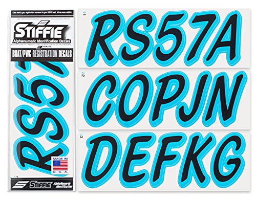 Image of Whipline Solid Black /Sky Blue 3 inch Alpha-Numeric Registration Identification Numbers Stickers Decals for Boats & Personal Watercraft