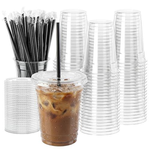 WUHUIXOZ [200 Sets - 12oz Plastic Cups with Lids and Straws Disposable Cups for Iced Coffee Smoothie Milkshake Cold Drinks - Clear