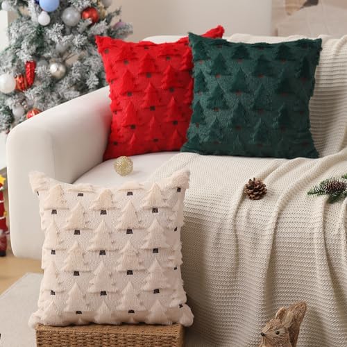 Image of Allorry Christmas Pillow Covers 16x16 inch Set of 2 Christmas Decorations Soft Plush Faux Fur Wool Green Christmas Tree Throw Pillow Cases Winter Holiday Decor for Sofa Living Room PT-002A16