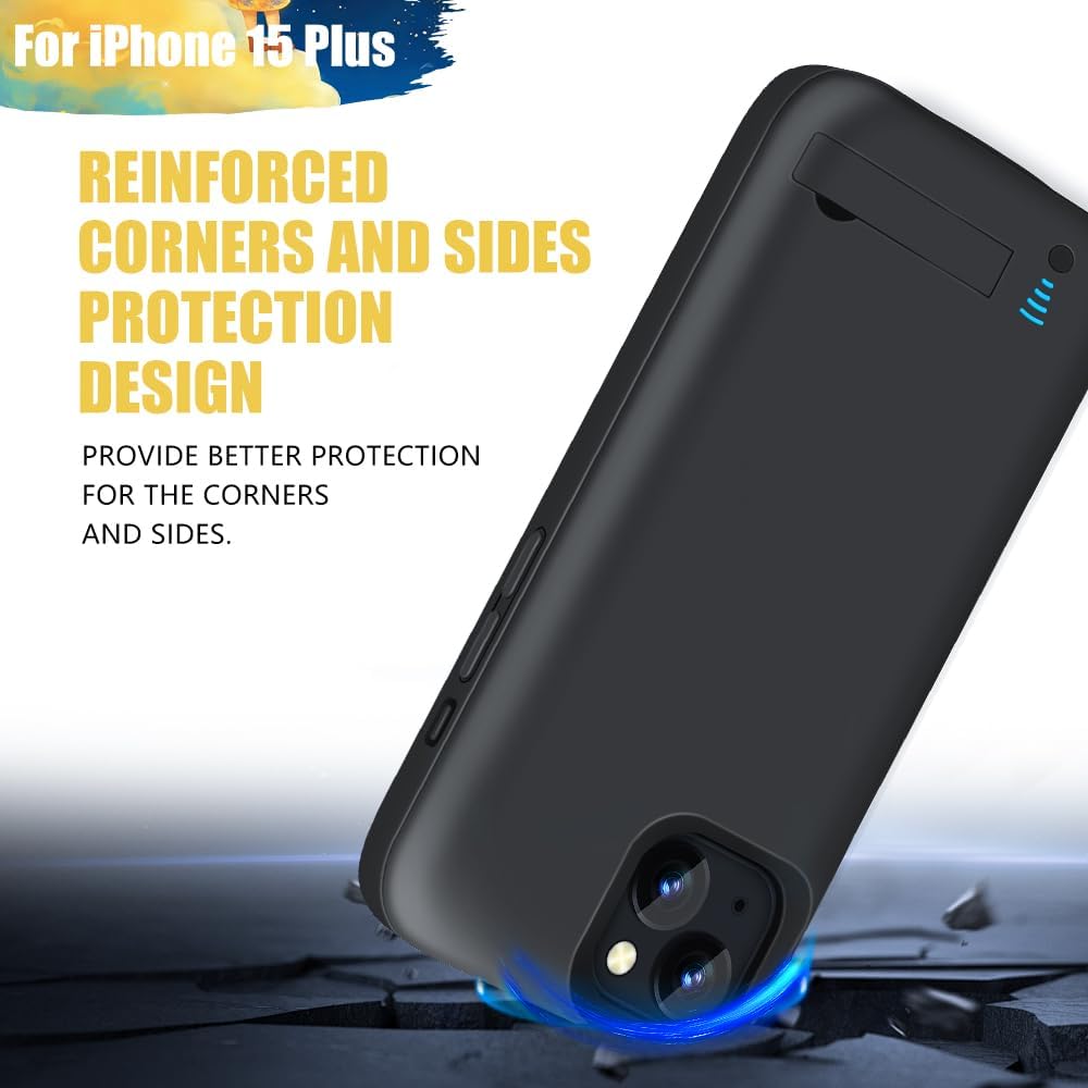 Battery Case for iPhone 15 Plus, 6000mAh Rechargeable Extended Battery Charging/Charger Case, Add 100% Extra Juice (6.7 inch) Black