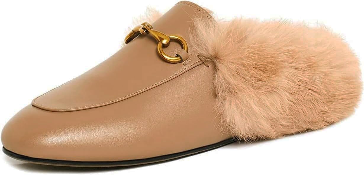 Vertundy Fur Mules with Matal Buckle Slip On Flats for Women Backless Sandals Dress Shoes Work Slides - Image 4