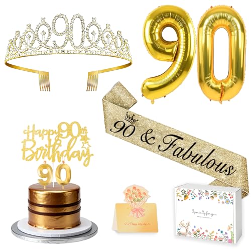 90th Birthday Decorations for Women 90th Birthday Sash and Crown,Gold
