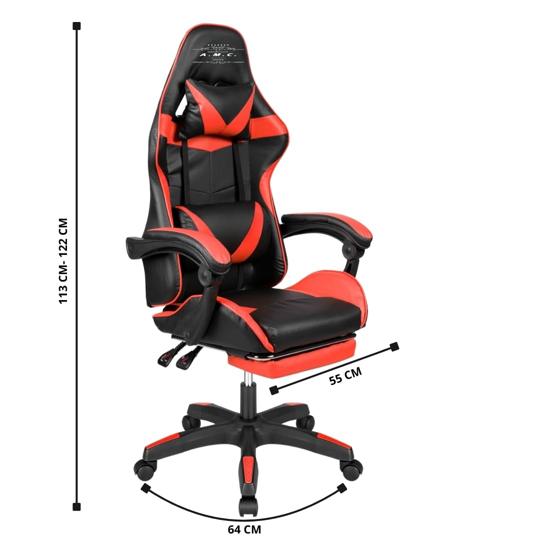 A.M.C. Sedia da Gaming Reclinabile, Poltrona Ufficio girevole, con rotelle, ergonomica, poggiatesta e cuscino lombare, Portata: 125kg (ROSSO)