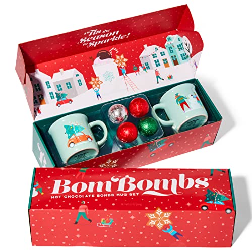 Modern Gourmet Foods, Bombombs, Regalo para Navidades, Incluye 6 Bombas de Chocolate Rellenas de Brownie con Caramelo y Malvaviscos y 2 Tazas de Muñecos de Nieve, Pack 6 Bombones y 2 Tazas