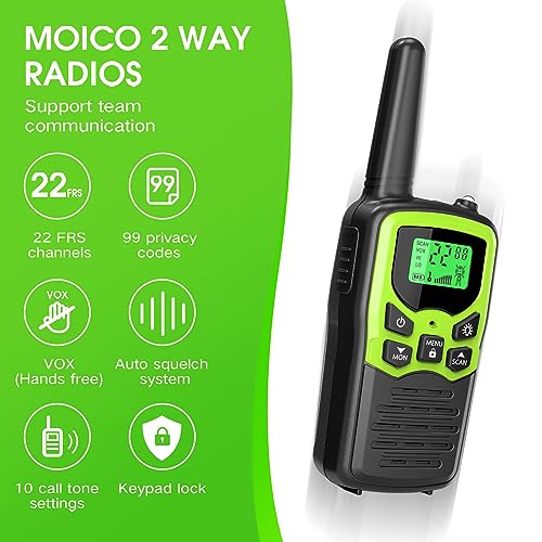 Image of MOICO Walkie Talkies for Adults with 22 FRS Channels, LED Flashlight, VOX Scan LCD Display, Long Range Family Walkie Talkie Radios for Hiking Camping Trip (Green)