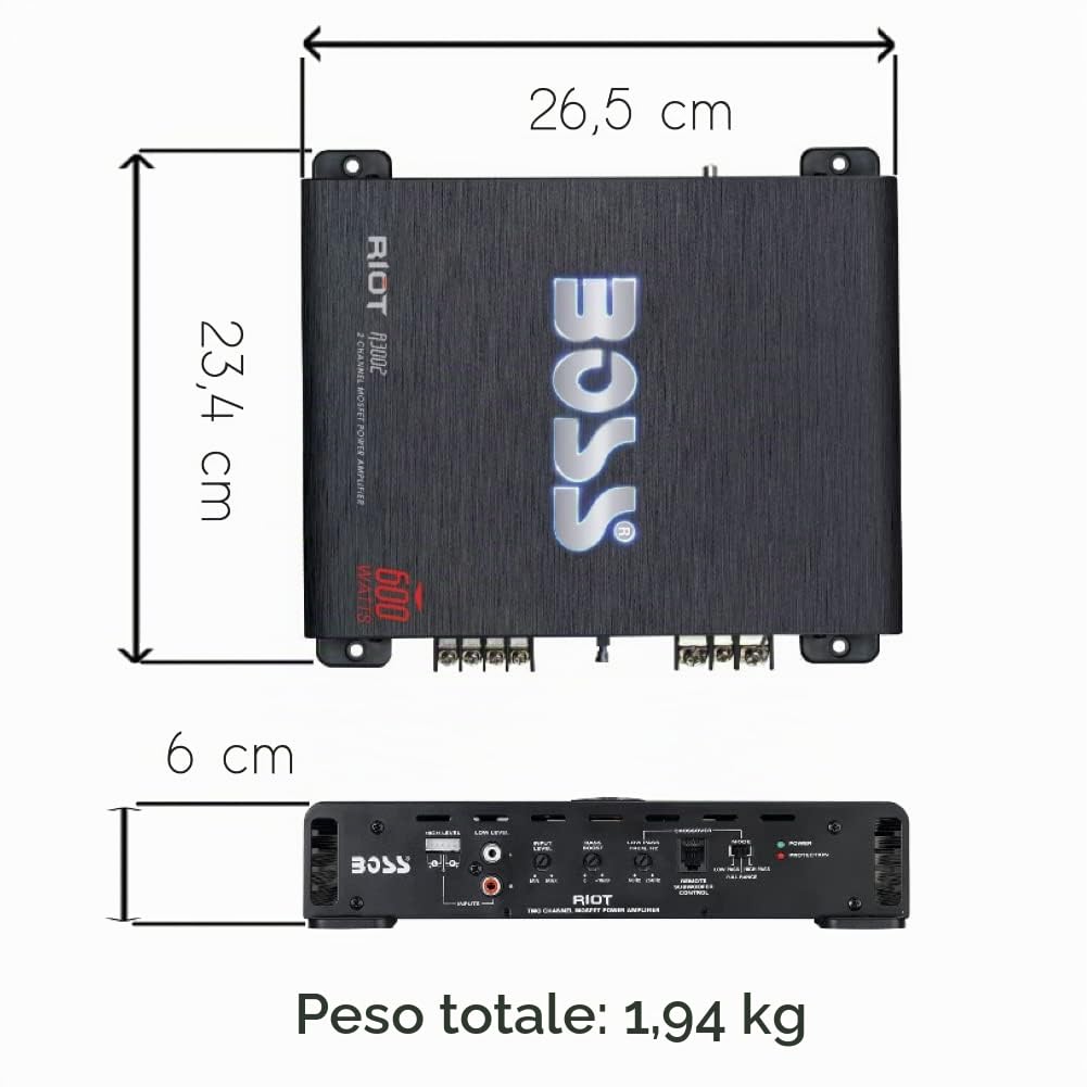 KIT SET PER BOSS AUDIO SYSTEMS RIOT R3002, 1 amplificatore stereofonico 2 canali 600 watt max, classe a/b, con bass boost e remote per subwoofer incluso, 1 pezzo