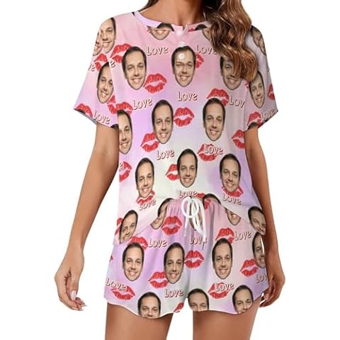 XOZOTY Custom Women's Short Pajamas Set with Face Photo Sleepwear Pjs Set Love Lips Homewear 2 Pieces for Valentines Birthday Gift M Cover