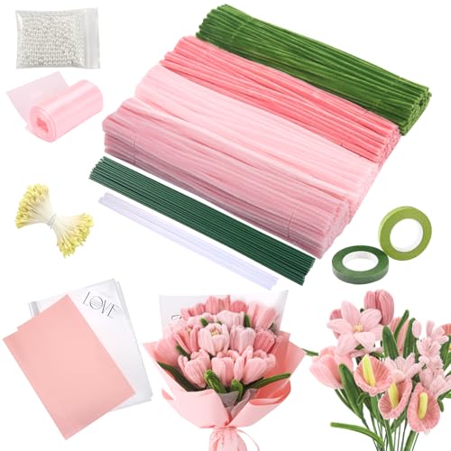 Pipe Cleaners DIY Craft Set for Tulip Bouquets 400pcs Colourful in 4 Colours - Suitable for Gifts Parent-Child Activity Holiday and Home Decorations